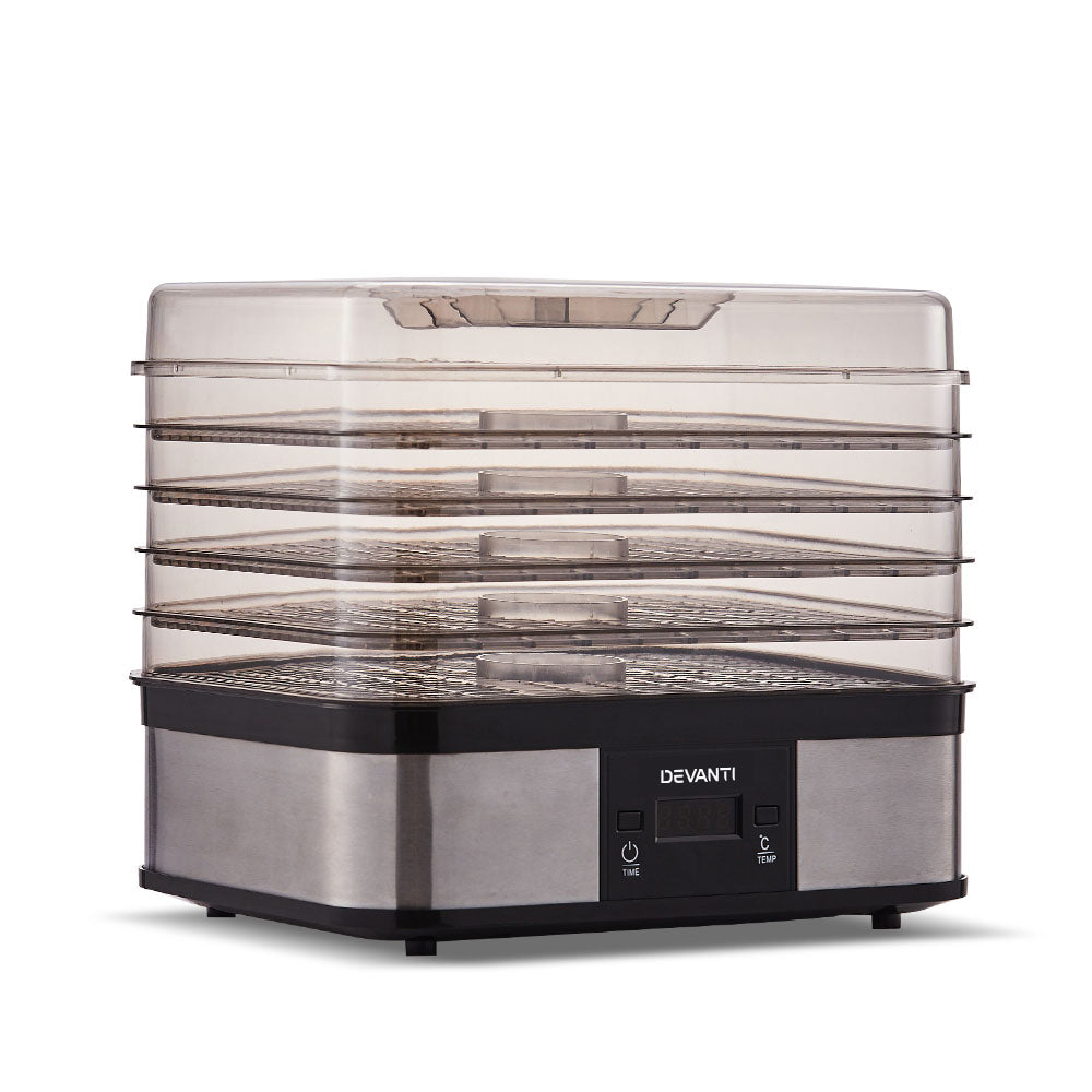 Stainless steel food dehydrator with five clear trays and digital control panel