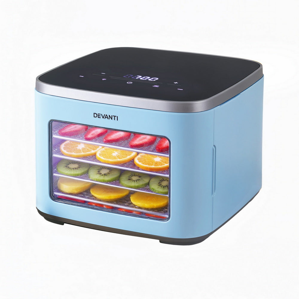 Blue food dehydrator with digital display, filled with sliced fruits on trays
