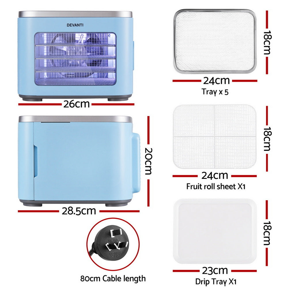 Blue food dehydrator with trays, fruit roll sheet, drip tray, and cable, dimensions shown