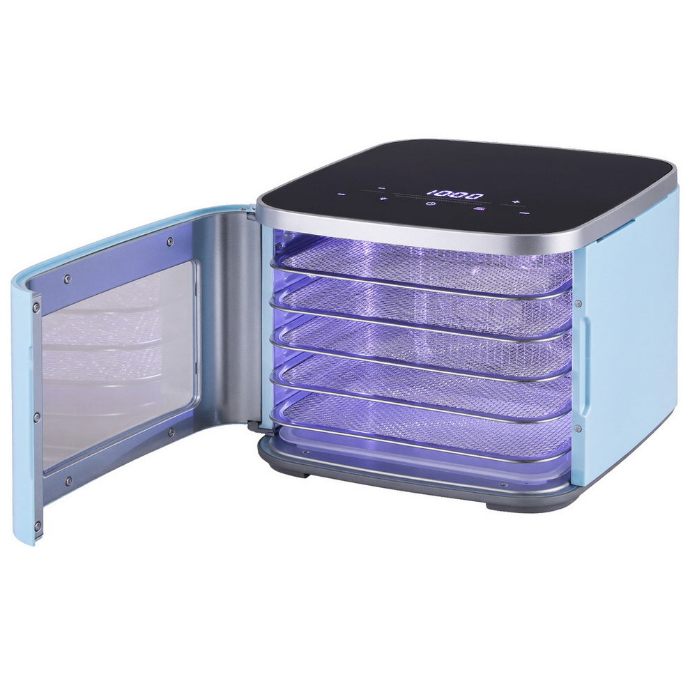 Electric food dehydrator with digital touch panel and open transparent door, five trays