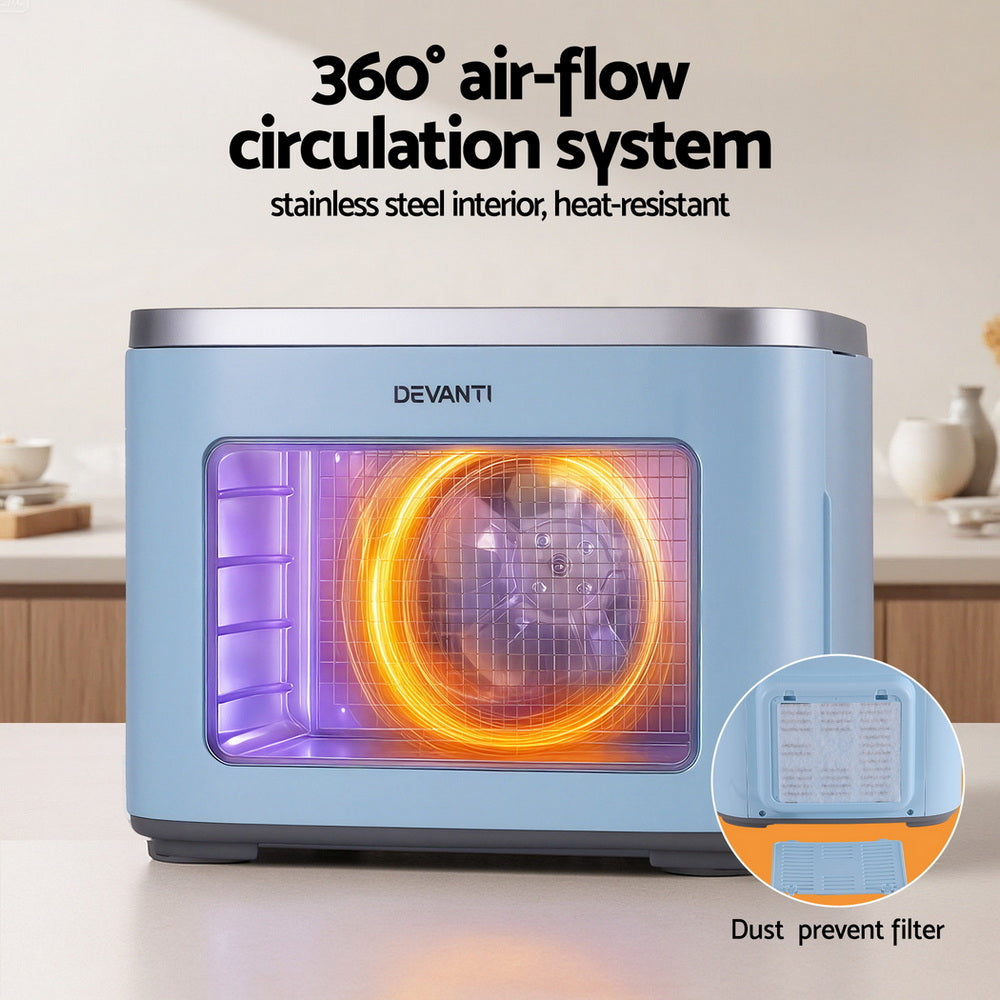 Blue countertop convection oven with 360-degree air-flow, stainless steel interior, dust filter
