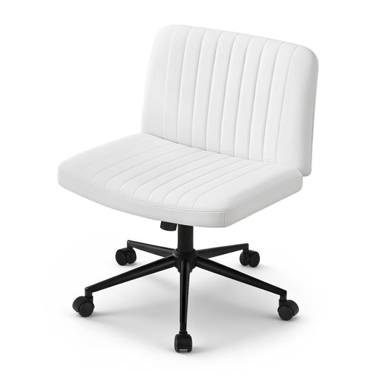 Artiss Criss Cross Chair with Wheels Wide Cross Legged Office Desk Vanity Chair PU Leather, Armless Height Adjustable Swivel Home Office Chair for Home Computer Task, White
