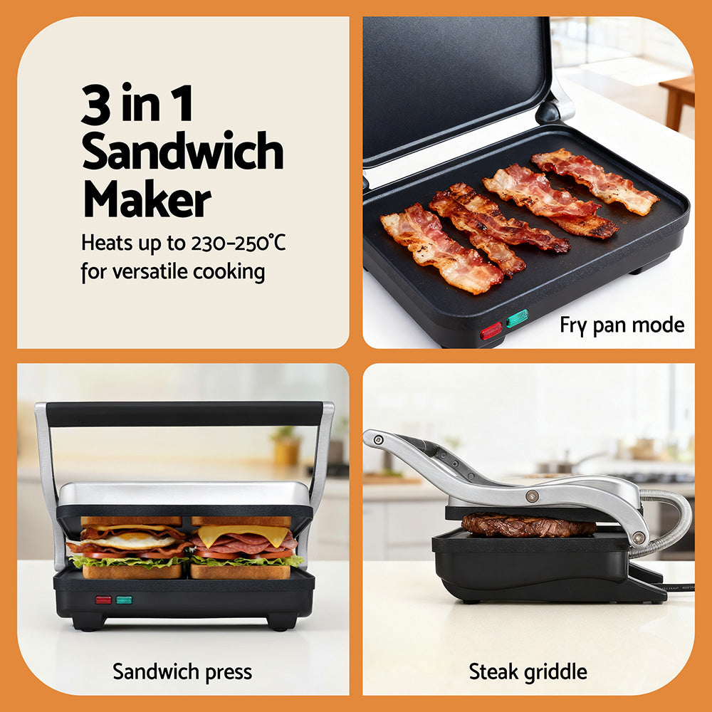 Devanti 3-in-1 Sandwich Maker Grill & Steak Press 1000W – Non-Stick