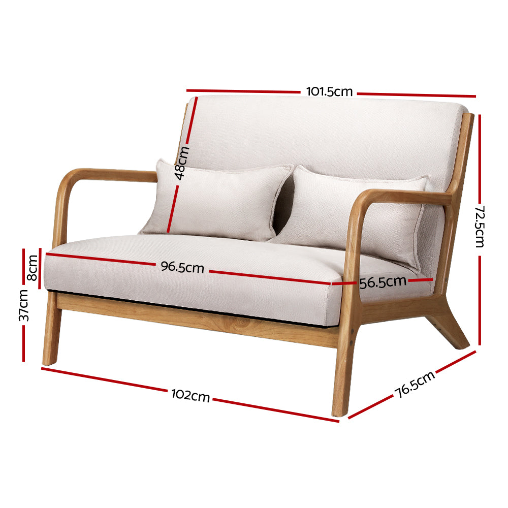 Artiss 2-Seater Loveseat Armchair – Beige Faux Linen with Timber Legs