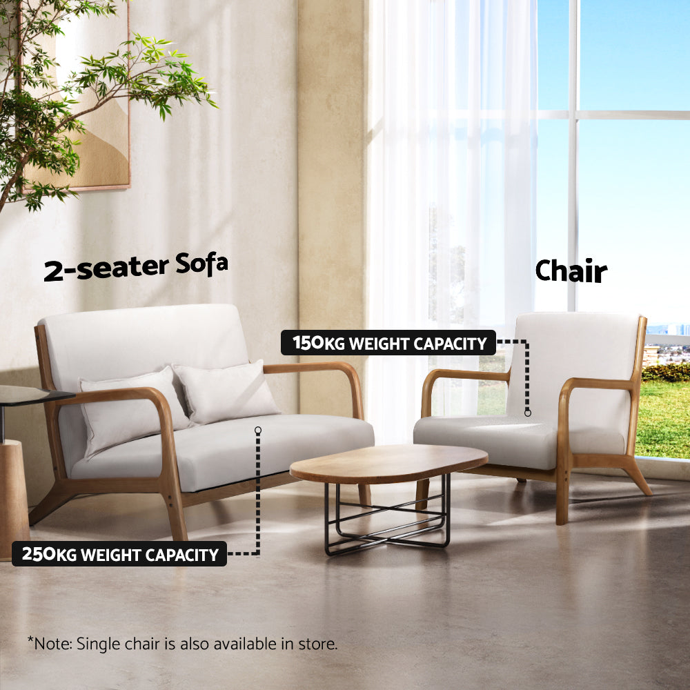 Artiss 2-Seater Loveseat Armchair – Beige Faux Linen with Timber Legs