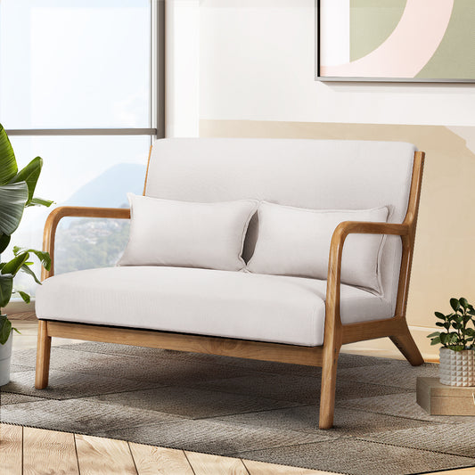 Artiss 2-Seater Loveseat Armchair – Beige Faux Linen with Timber Legs