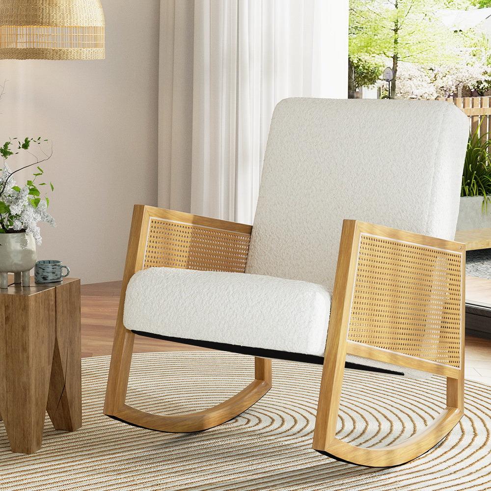 Artiss Boucle Rocking Armchair – White Teddy Fabric with Rattan Base