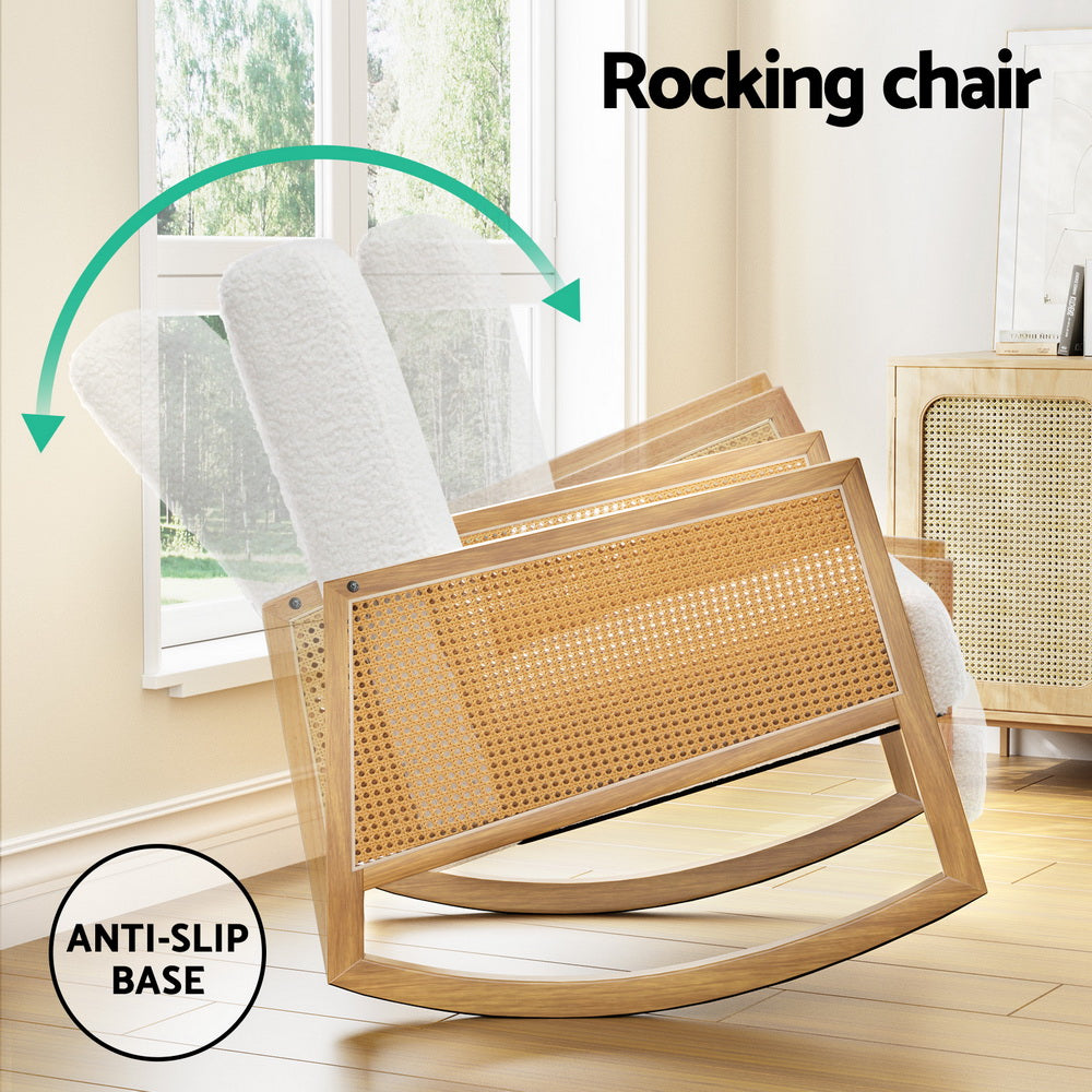 Artiss Boucle Rocking Armchair – White Teddy Fabric with Rattan Base