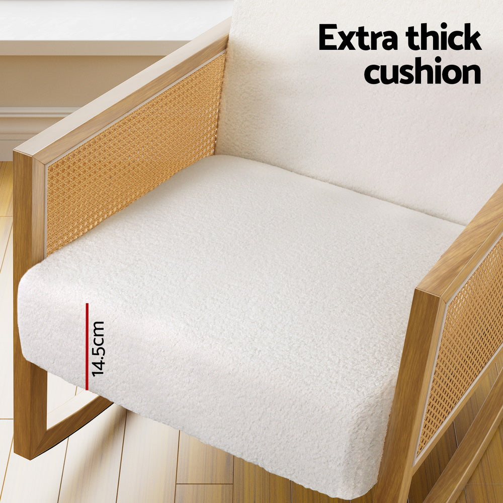 Artiss Boucle Rocking Armchair – White Teddy Fabric with Rattan Base