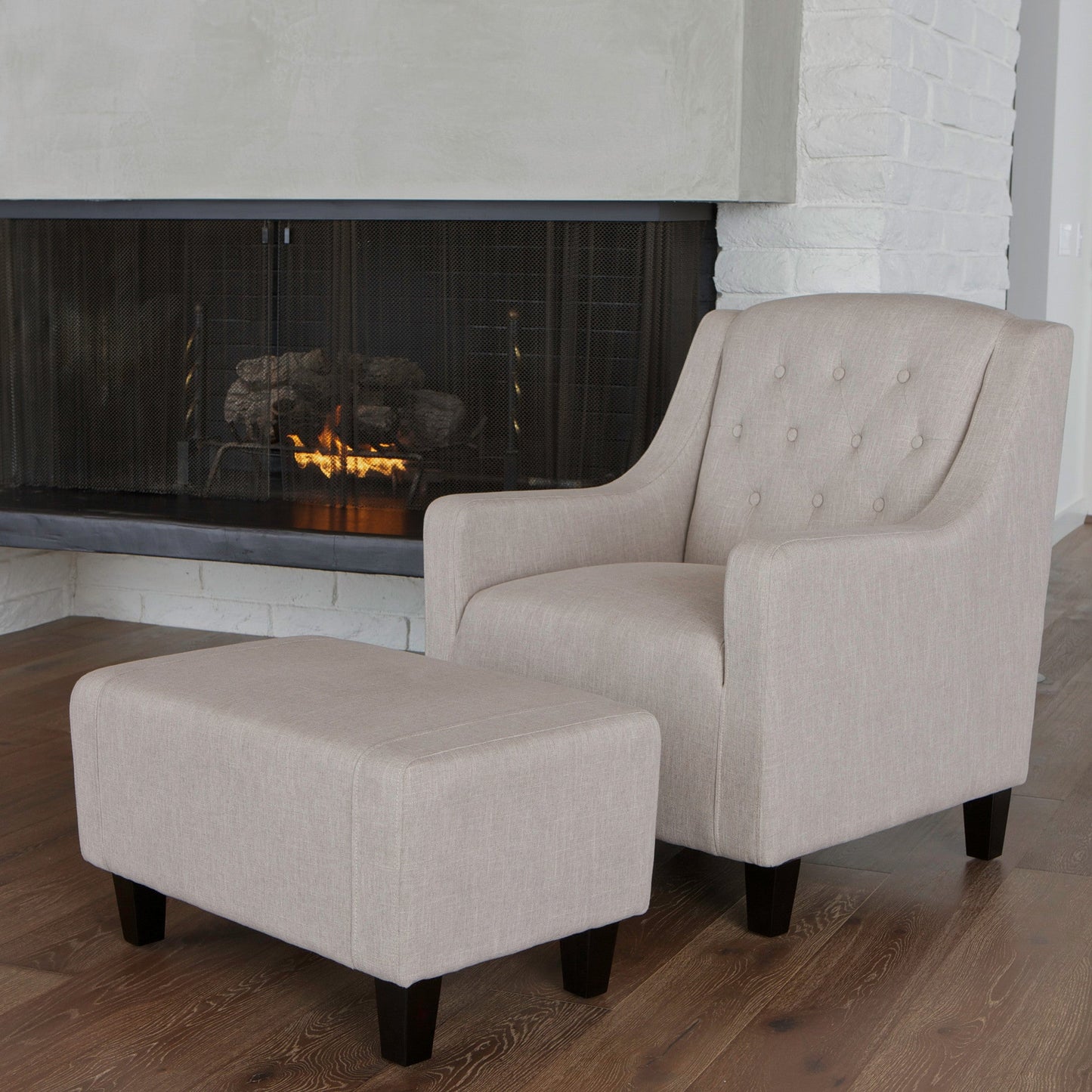 Canberra Tufted Fabric Armchair & Ottoman Set – Grey Linen