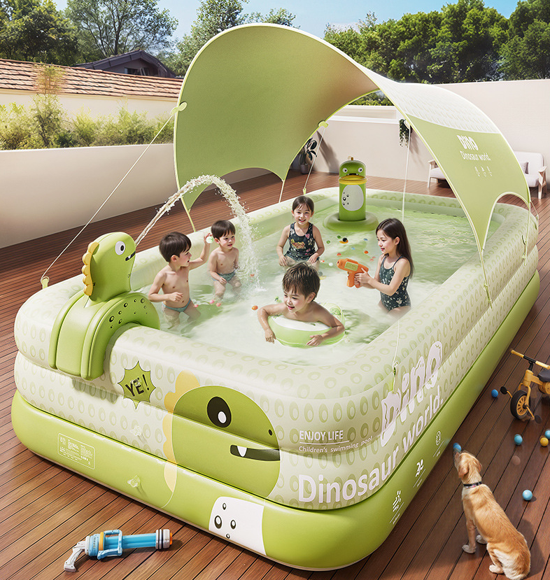 Inflatable Swimming Pool 180×130×56cm with Canopy & Dinosaur Spray – Kids Outdoor Water Play Set for Backyard, Garden, Summer Fun (Green)