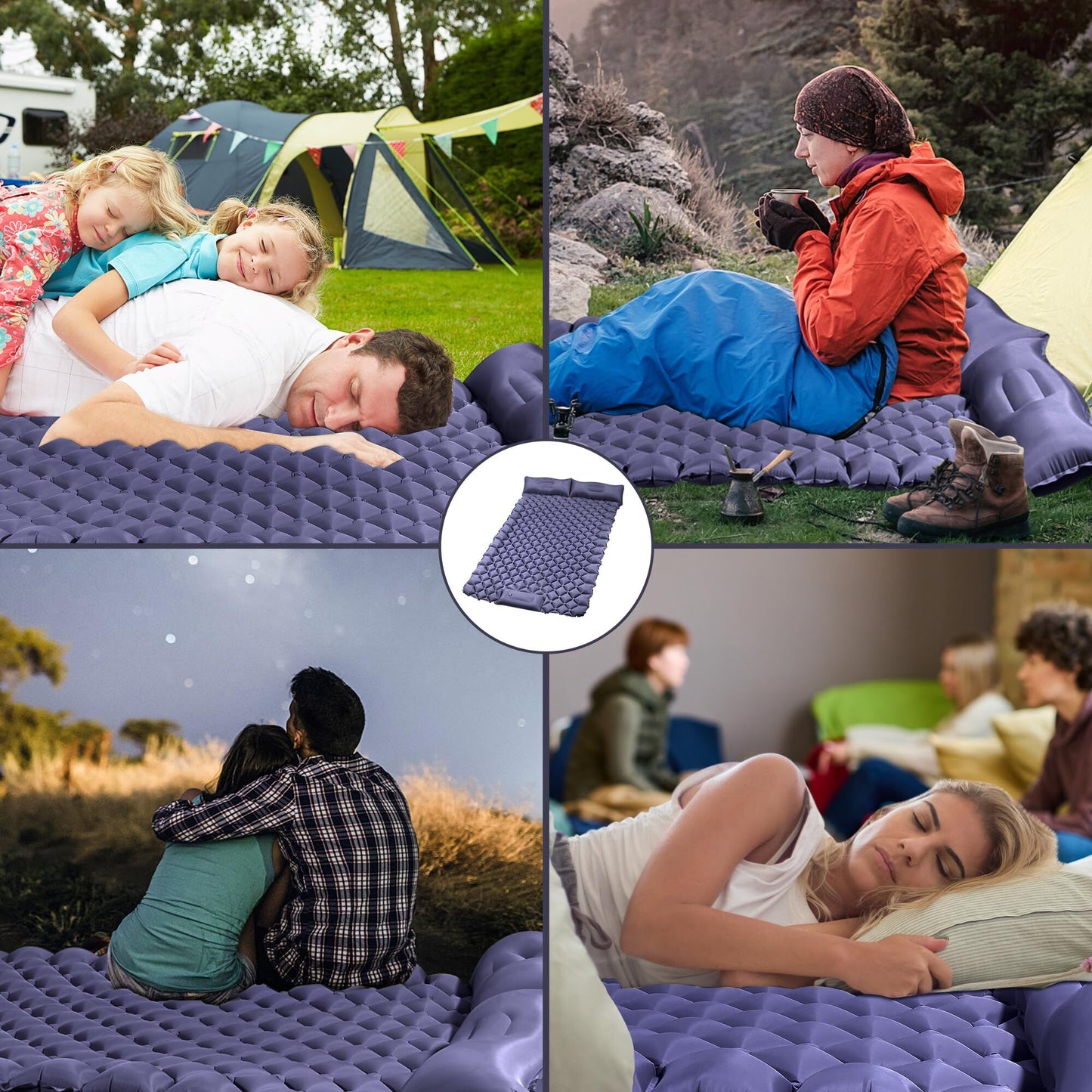 Double Camping Pad with Built-in Pillow: Foot Pump Inflatable Mattress for Tent/Backpacking – Ultralight, Foldable (Dark Blue)