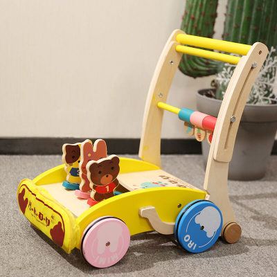 Wooden Baby Walker with Hammer-Action Xylophone – Push-Activated Musical Learning Toy for 6–18 Months (Yellow)