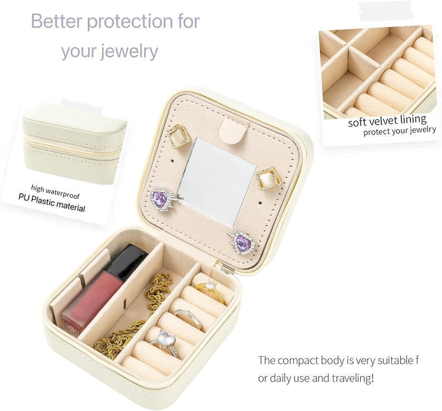 White Travel Jewelry Box with Mirror: Compact, Organised Storage for Rings, Necklaces & Earrings, Ideal for Aussies