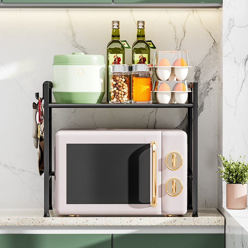 Metal Microwave Shelf Rack, 2-Level Kitchen Storage Organizer with 4 Hooks, Black