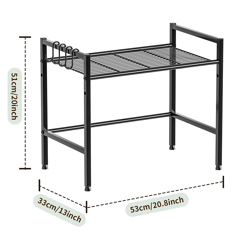 Metal Microwave Shelf Rack, 2-Level Kitchen Storage Organizer with 4 Hooks, Black