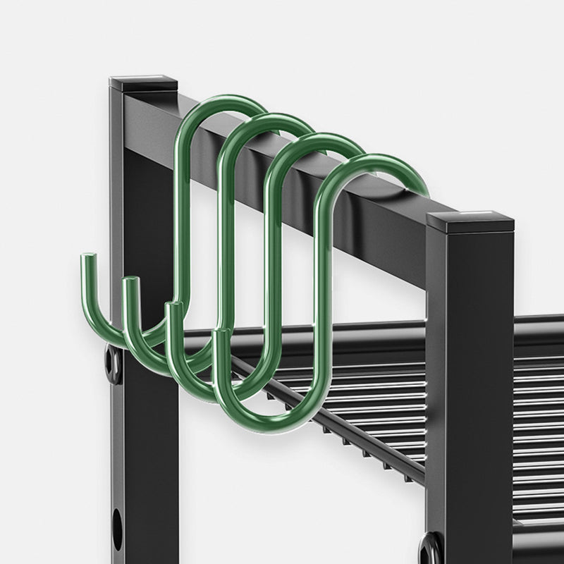 Metal Microwave Shelf Rack, 2-Level Kitchen Storage Organizer with 4 Hooks, Black
