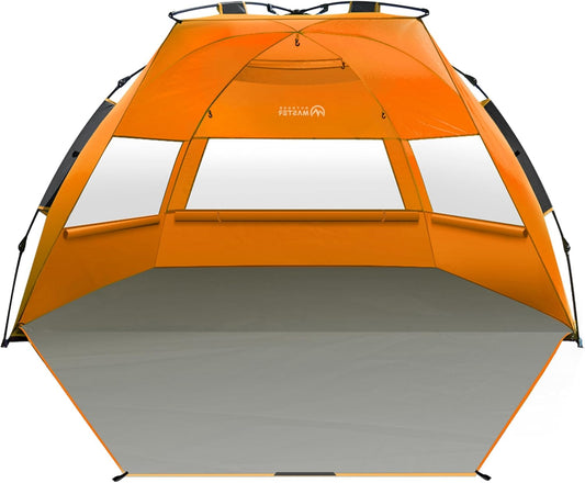 OutdoorMaster Pop Up 3-4 Person Beach Tent X-Large - Easy Setup, Portable Beach Shade Canopy Folding Sun Shelter with UPF 50+ UV Protection Removable Skylight Family Size (Orange)