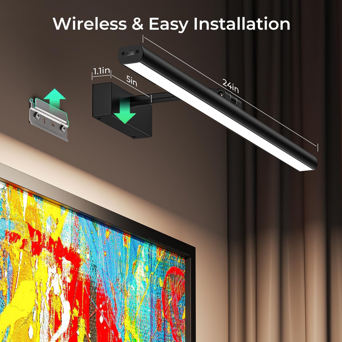 Wireless Picture Lights for Wall, Battery Operated Wall Light for Painting Rechargeable CCT Rotatable Art Gallery Light with Remote Dimmable Timer for Artwork Frame Display Dartboard (Black, 24inch)