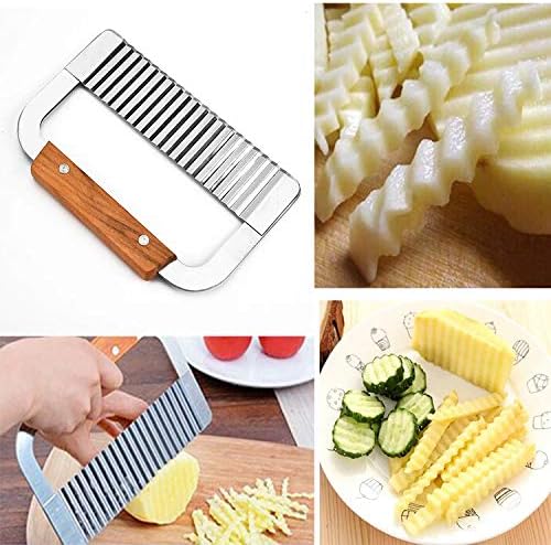 Super Leader Crinkle Cutting Tool French Fry Slicer Stainless Steel Blade Wooden Handle Vegetable Salad Chopping Knife for chopping veggies, cutting fruit, potato, soap, waffle fries, pickle (Arc)