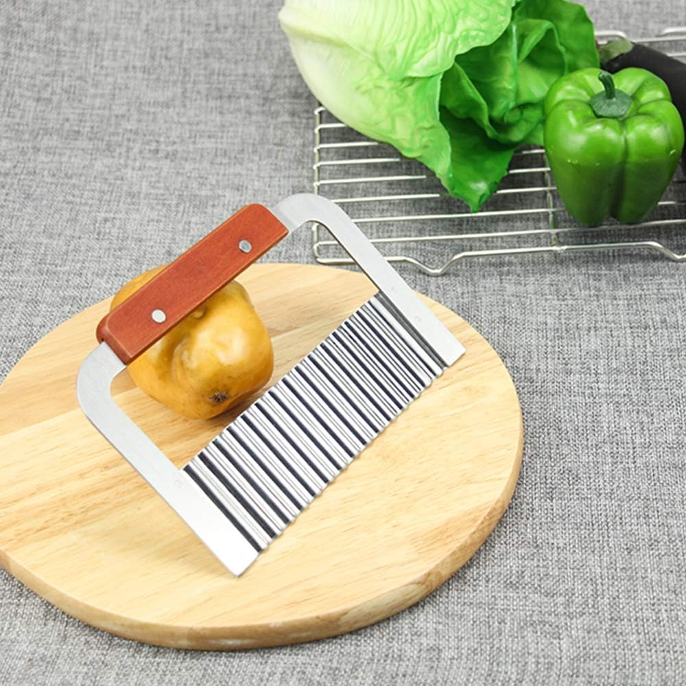 Super Leader Crinkle Cutting Tool French Fry Slicer Stainless Steel Blade Wooden Handle Vegetable Salad Chopping Knife for chopping veggies, cutting fruit, potato, soap, waffle fries, pickle (Arc)