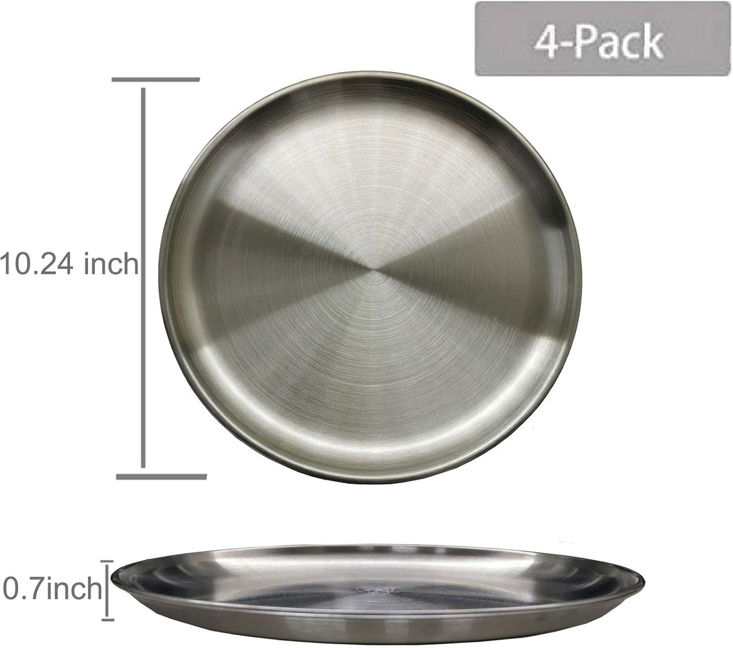 Stainless Steel Dinner Plates, Stainless Steel Plates, 10 inch, Metal Round Dinner Plate for Adults, Eating, Camping, Picnic,Outdoor, Unbreakable Dishwasher Safe(Pack of 4) Silver 10.24 inch