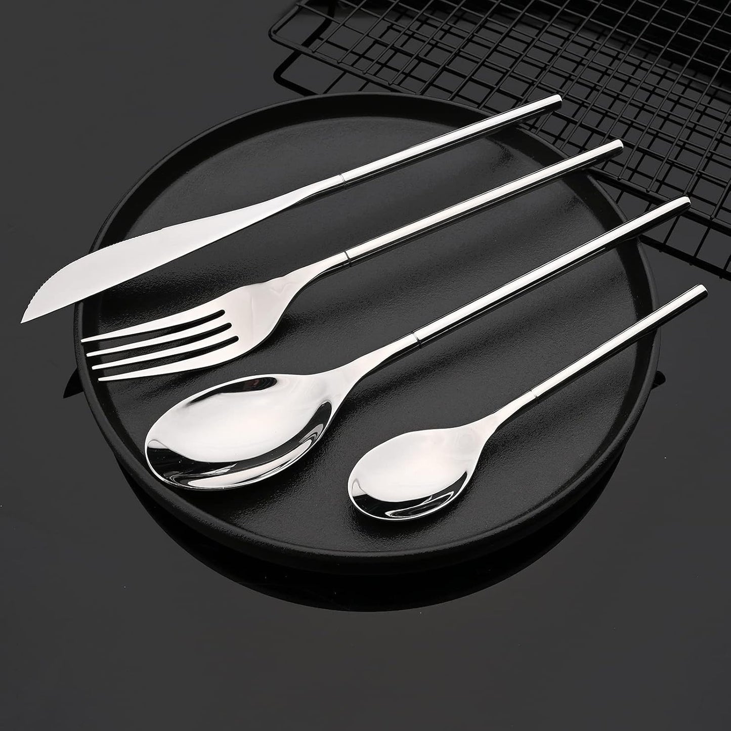 304 Flatware Set Silver Silverware Set Mirror Polished 18/8 Stainless Steel Cutlery Set with Round Handle 24 Piece Wedding Housewarming Gift Service for 6