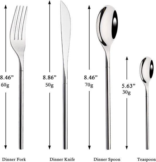 304 Flatware Set Silver Silverware Set Mirror Polished 18/8 Stainless Steel Cutlery Set with Round Handle 24 Piece Wedding Housewarming Gift Service for 6