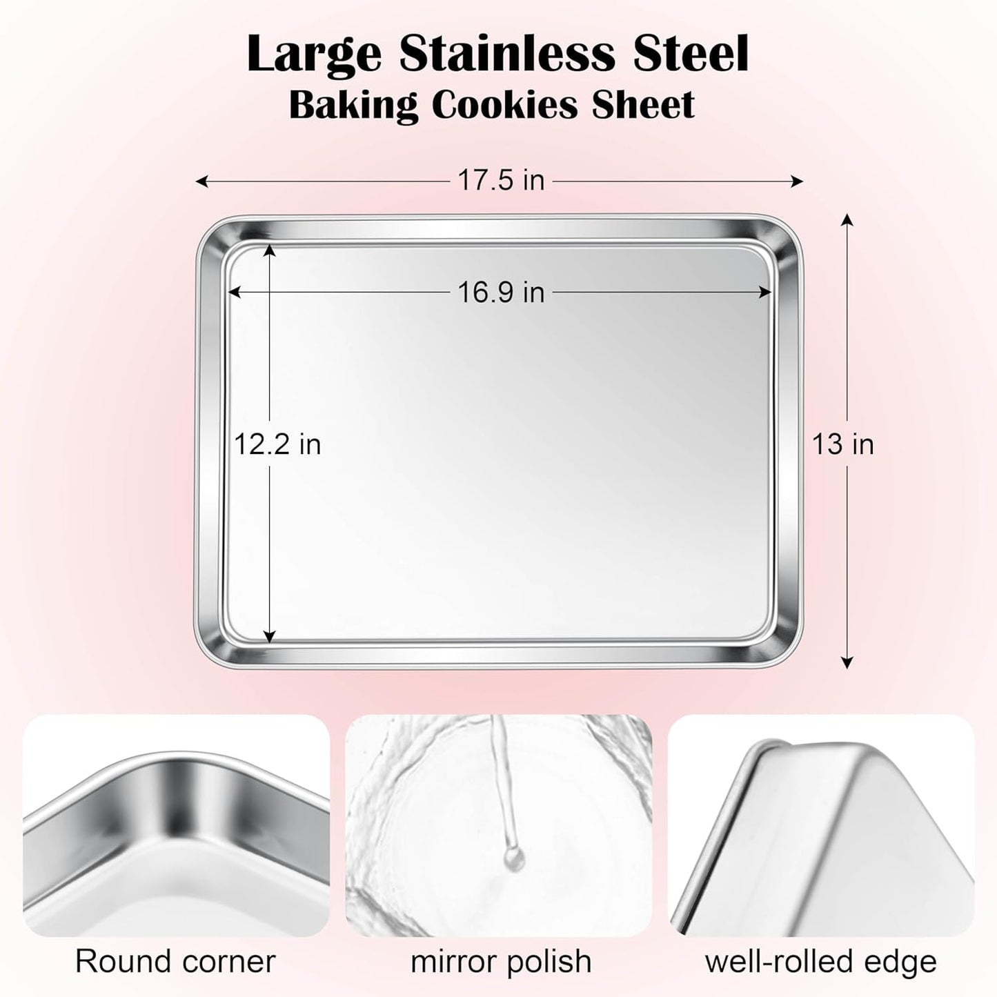 Cookie Sheet for Baking, 18”x13” Stainless Steel Baking Sheet Pan for Oven, Large Non Toxic Metal Baking Tray for Cake Cookies, Healthy & Rust Free, Mirror Finish & Dishwasher Safe, 1 Pack