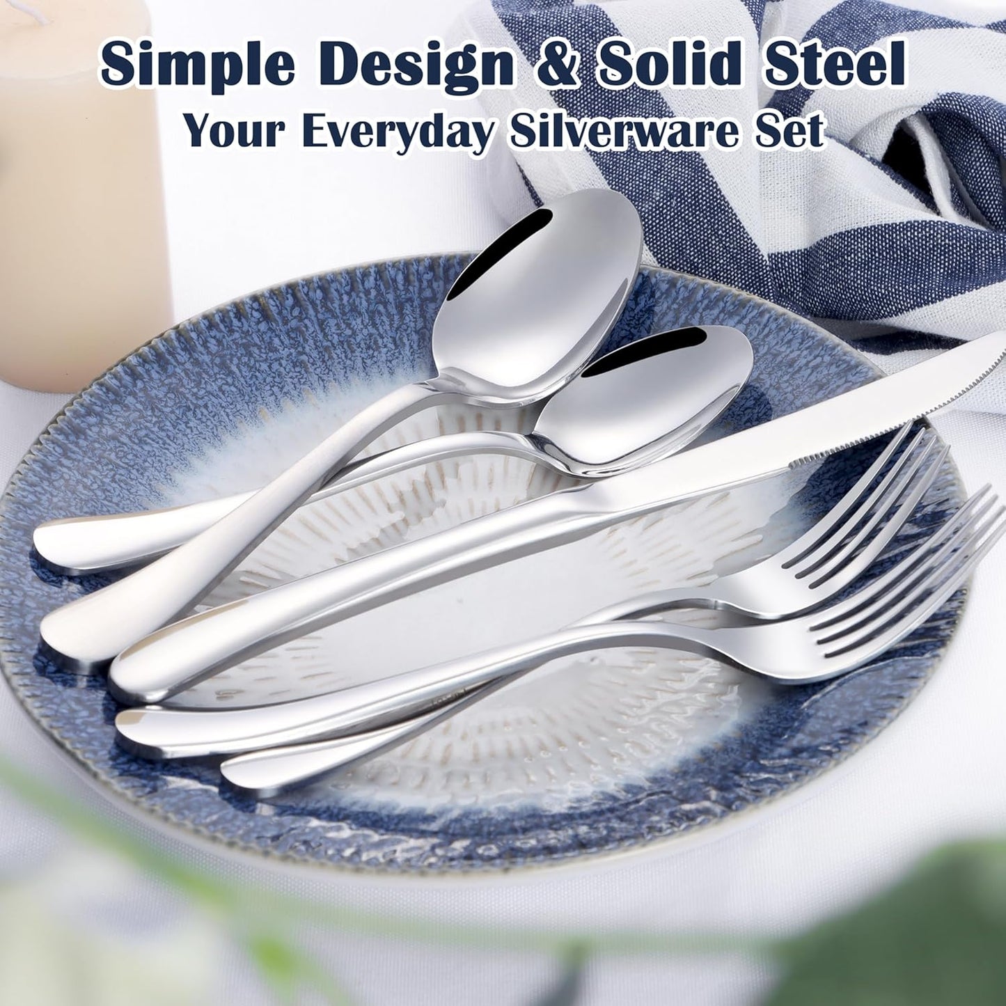 Heavy Duty Silverware Set for 8, 40-Piece Stainless Steel Flatware Cutlery Set, Thick Metal Eating Utensils Including Forks and Spoons Knife, Heavy Weight & Mirror Finish, Dishwasher Safe