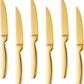 Stainless Steel Serrated Steak Knife Set of 6, BuyGo Gold Color Heavy Duty Dinner Table Knives for Cutting Meat, Beef, 8.6 Inch, Dishwasher Safe