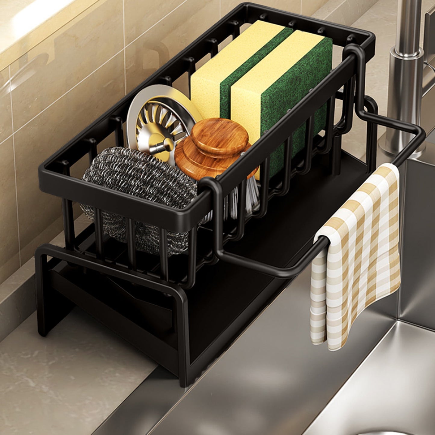 PALIFEUR Sponge Holder for Kitchen Sink, Kitchen Sink Organizer Rustproof 304 Stainless Steel Detachable Dishcloth Rack Sink Caddy, Kitchen Sponge Holder Bathroom Organizer Brush Holder Storage Black