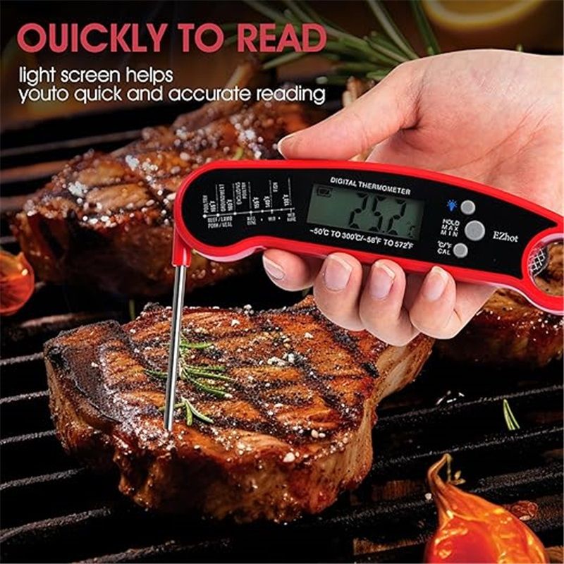 Meat Thermometer Digital for Cooking Food. Waterproof & Instant Read for Kitchen Baking, BBQ. with Foldable Probe, Backlight & Calibration (2 pcs Red)