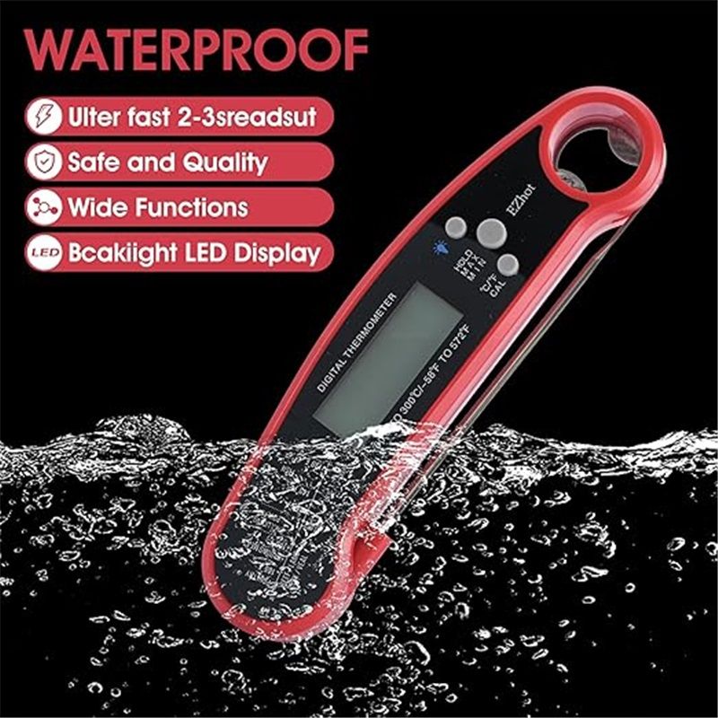 Meat Thermometer Digital for Cooking Food. Waterproof & Instant Read for Kitchen Baking, BBQ. with Foldable Probe, Backlight & Calibration (2 pcs Red)