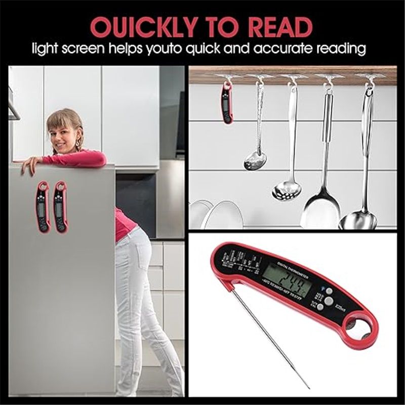 Meat Thermometer Digital for Cooking Food. Waterproof & Instant Read for Kitchen Baking, BBQ. with Foldable Probe, Backlight & Calibration (2 pcs Red)