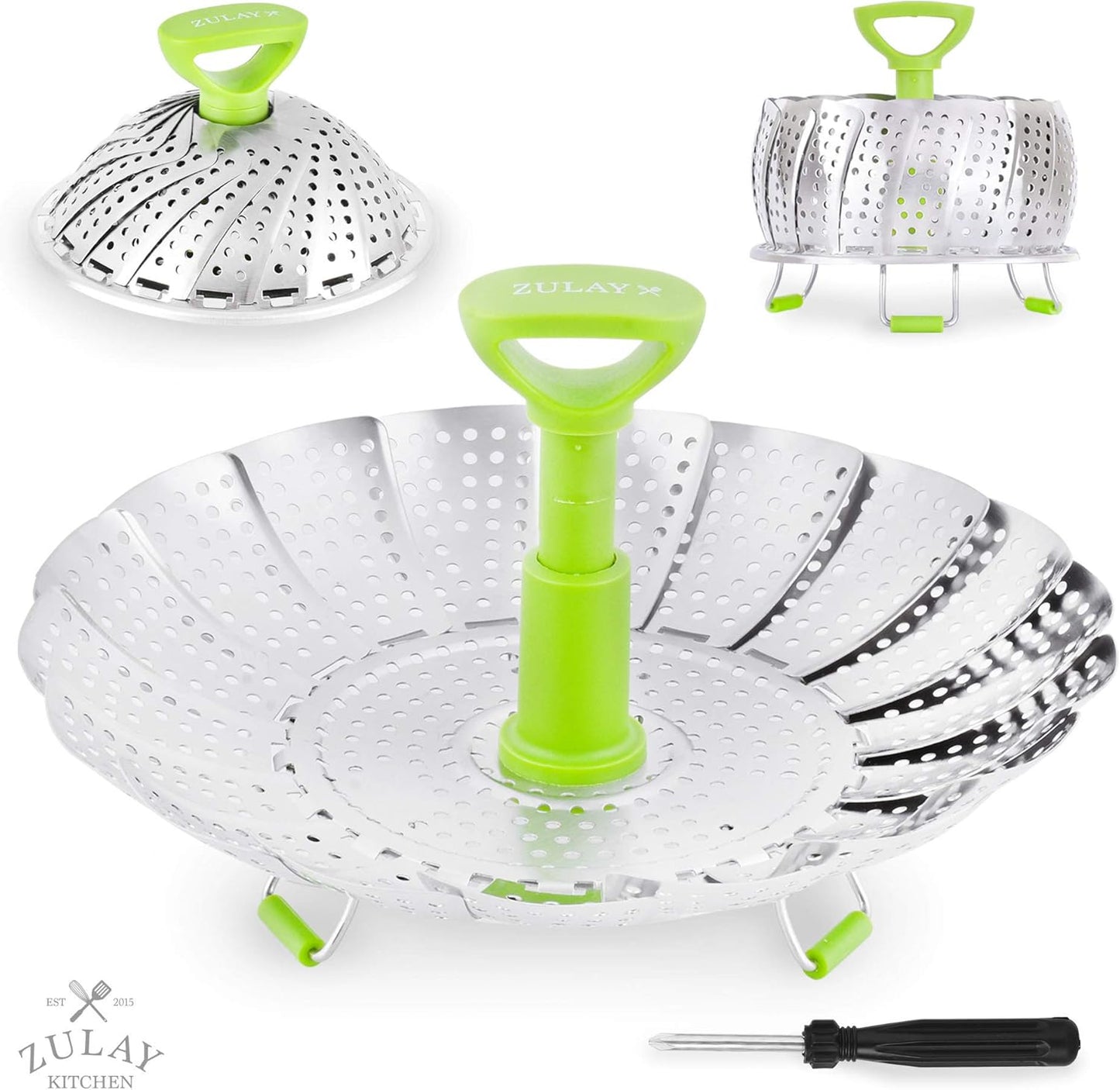 Zulay Adjustable Vegetable Steamer Baskets For Cooking - Foldable Steamer Basket (5.1" to 9") - Expandable Vegetable Steamer Basket Stainless Steel Fits Various Size Pots, Pans, & Pressure Cookers