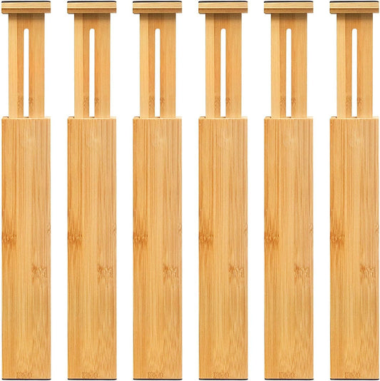 Adjustable Bamboo Drawer Dividers, Expandable Drawer Organizer for Kitchen, Bedroom, Bathroom, Dresser and Office, 6-Pack