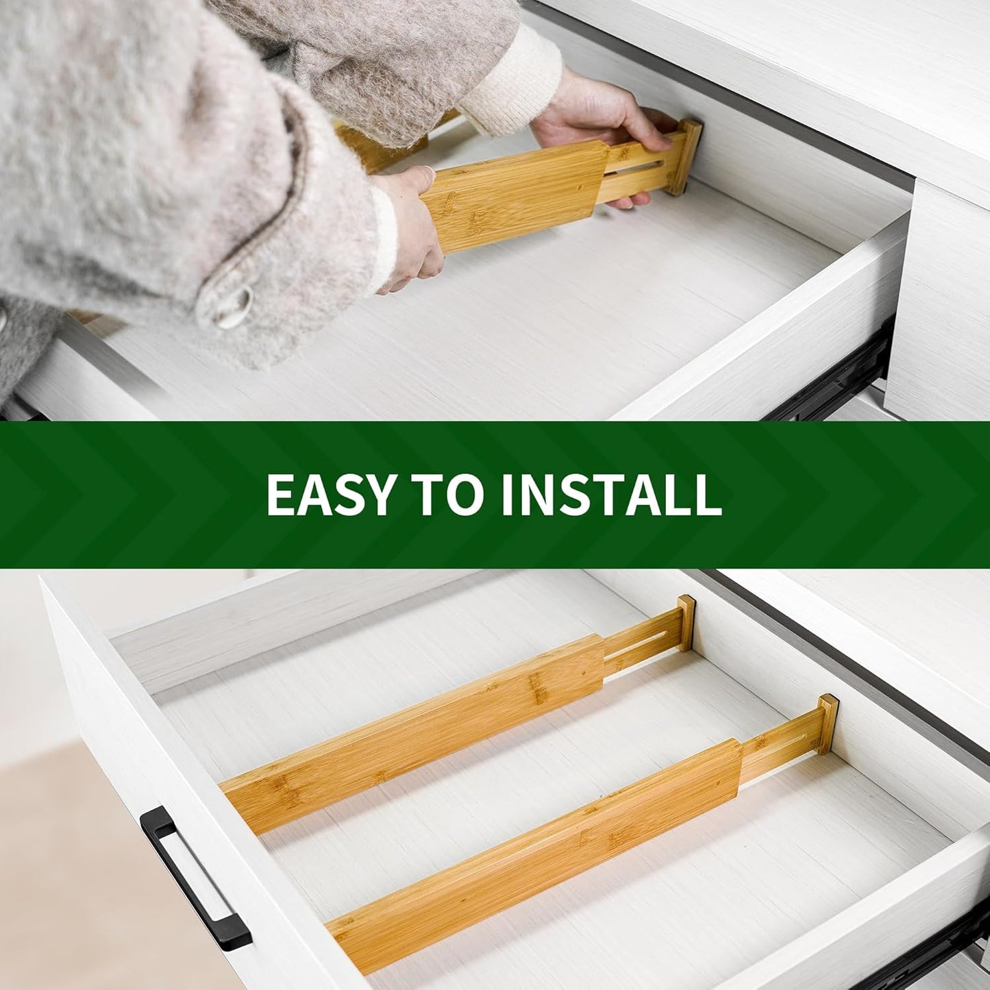 Adjustable Bamboo Drawer Dividers, Expandable Drawer Organizer for Kitchen, Bedroom, Bathroom, Dresser and Office, 6-Pack