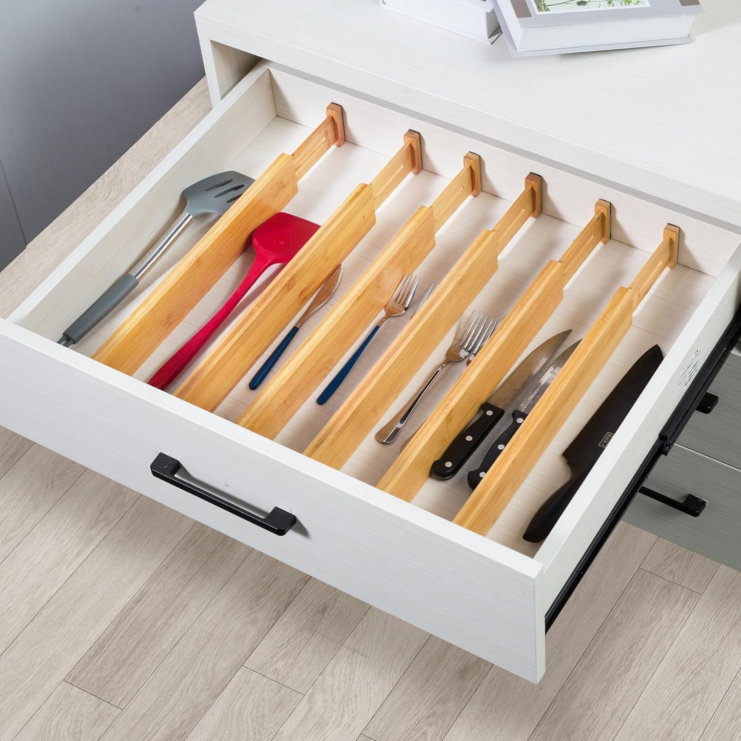 Adjustable Bamboo Drawer Dividers, Expandable Drawer Organizer for Kitchen, Bedroom, Bathroom, Dresser and Office, 6-Pack
