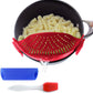 Clip On Kitchen Food Strainer for Spaghetti, Meat, Pasta, & Ground Beef Grease, Colander & Sieve Snaps or Clips Onto Bowls, Pots & Pans Includes Silicone Drainer, Brush & Garlic Peeler (Dk Red)