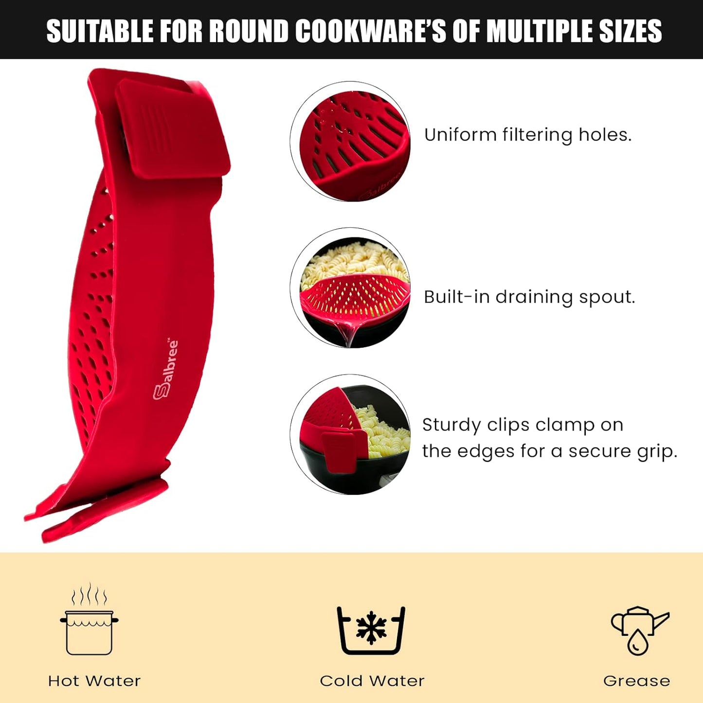 Clip On Kitchen Food Strainer for Spaghetti, Meat, Pasta, & Ground Beef Grease, Colander & Sieve Snaps or Clips Onto Bowls, Pots & Pans Includes Silicone Drainer, Brush & Garlic Peeler (Dk Red)