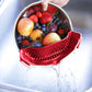 Clip On Kitchen Food Strainer for Spaghetti, Meat, Pasta, & Ground Beef Grease, Colander & Sieve Snaps or Clips Onto Bowls, Pots & Pans Includes Silicone Drainer, Brush & Garlic Peeler (Dk Red)
