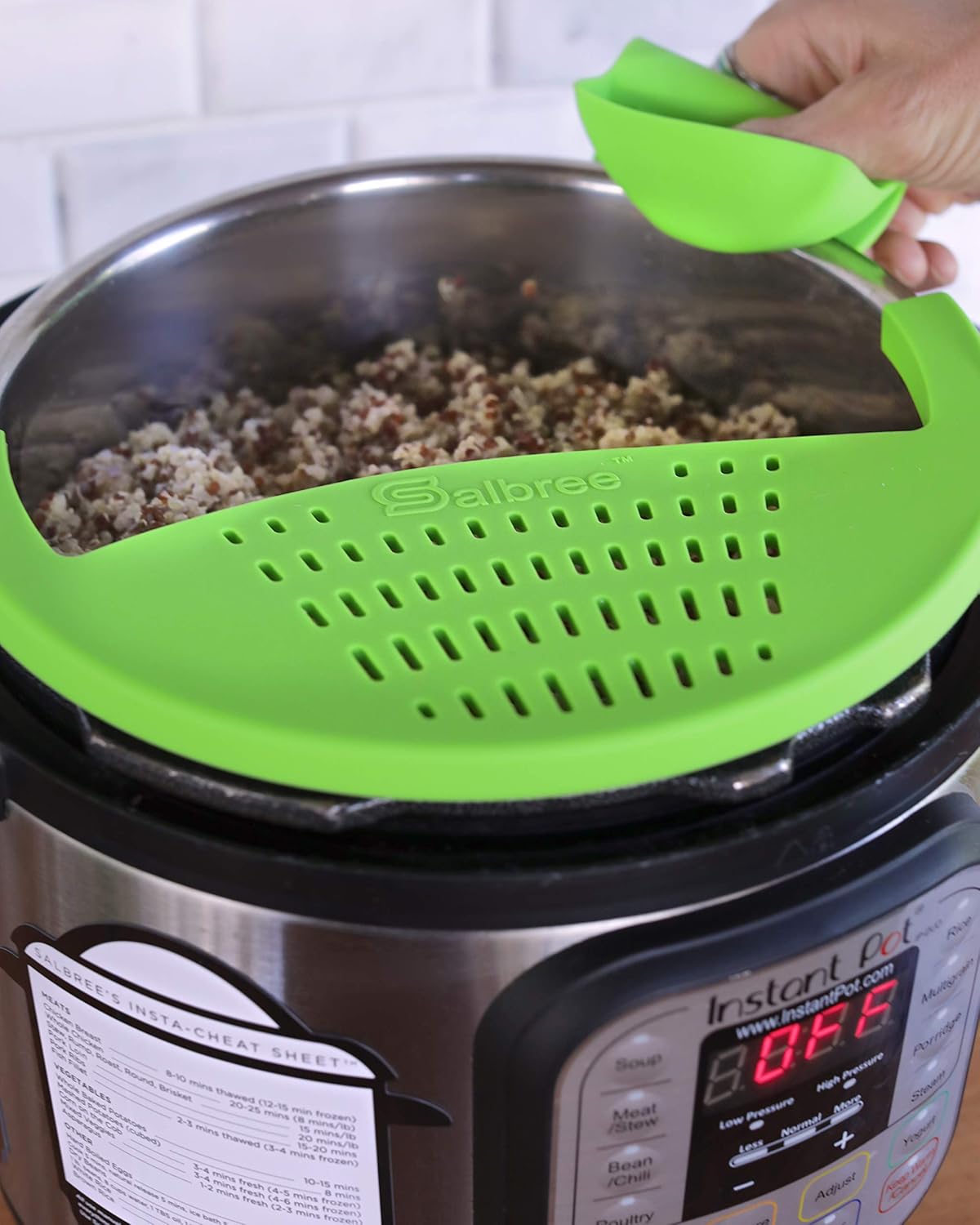 Salbree Silicone Snap Strainer fits the 6qt Instant Pot and Snaps to the 6 quart Instapot Pressure Cooker Inner Pan Small Mitts Set Included, for Straining Vegetable and Ground Beef Grease (green)