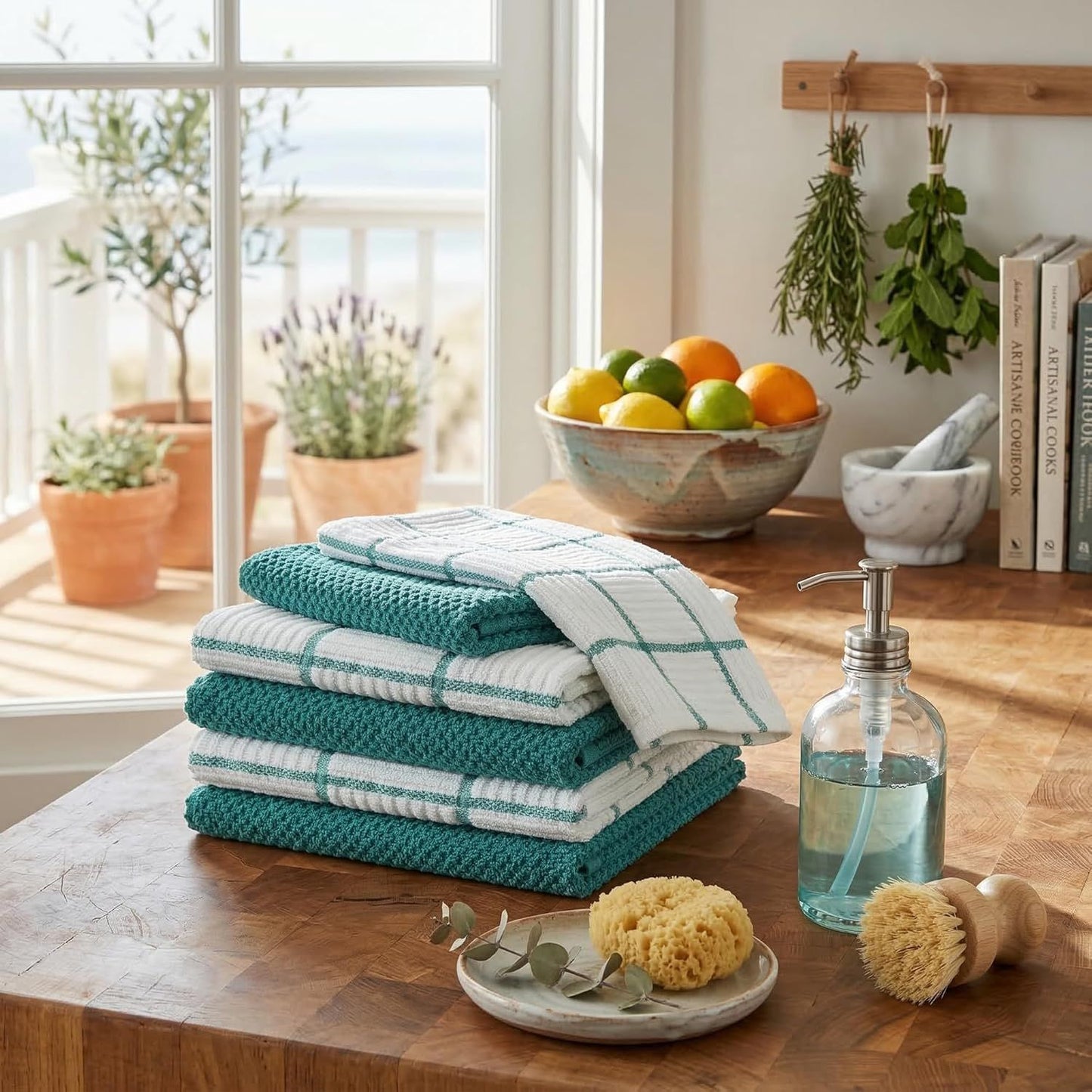 6 Pack Large Kitchen Towels, 16x25 inch Absorbent Dishcloths, 100% Cotton Cleaning Cloth, Teal Set (Pack of 6)