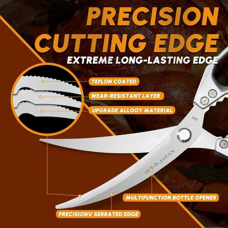 2-Pack Kitchen Scissors Set, SK5 Stainless Steel, Multi-Functional Straight & Curved Shears for Chicken Bones, BBQ, Fish, Vegetables - Silver