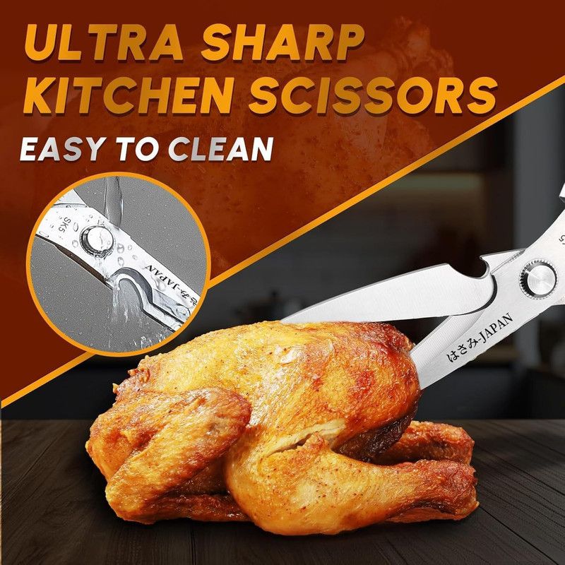 2-Pack Kitchen Scissors Set, SK5 Stainless Steel, Multi-Functional Straight & Curved Shears for Chicken Bones, BBQ, Fish, Vegetables - Silver