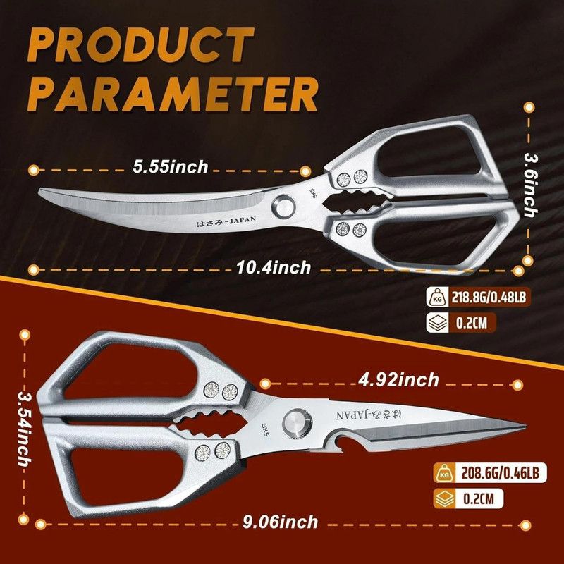 2-Pack Kitchen Scissors Set, SK5 Stainless Steel, Multi-Functional Straight & Curved Shears for Chicken Bones, BBQ, Fish, Vegetables - Silver
