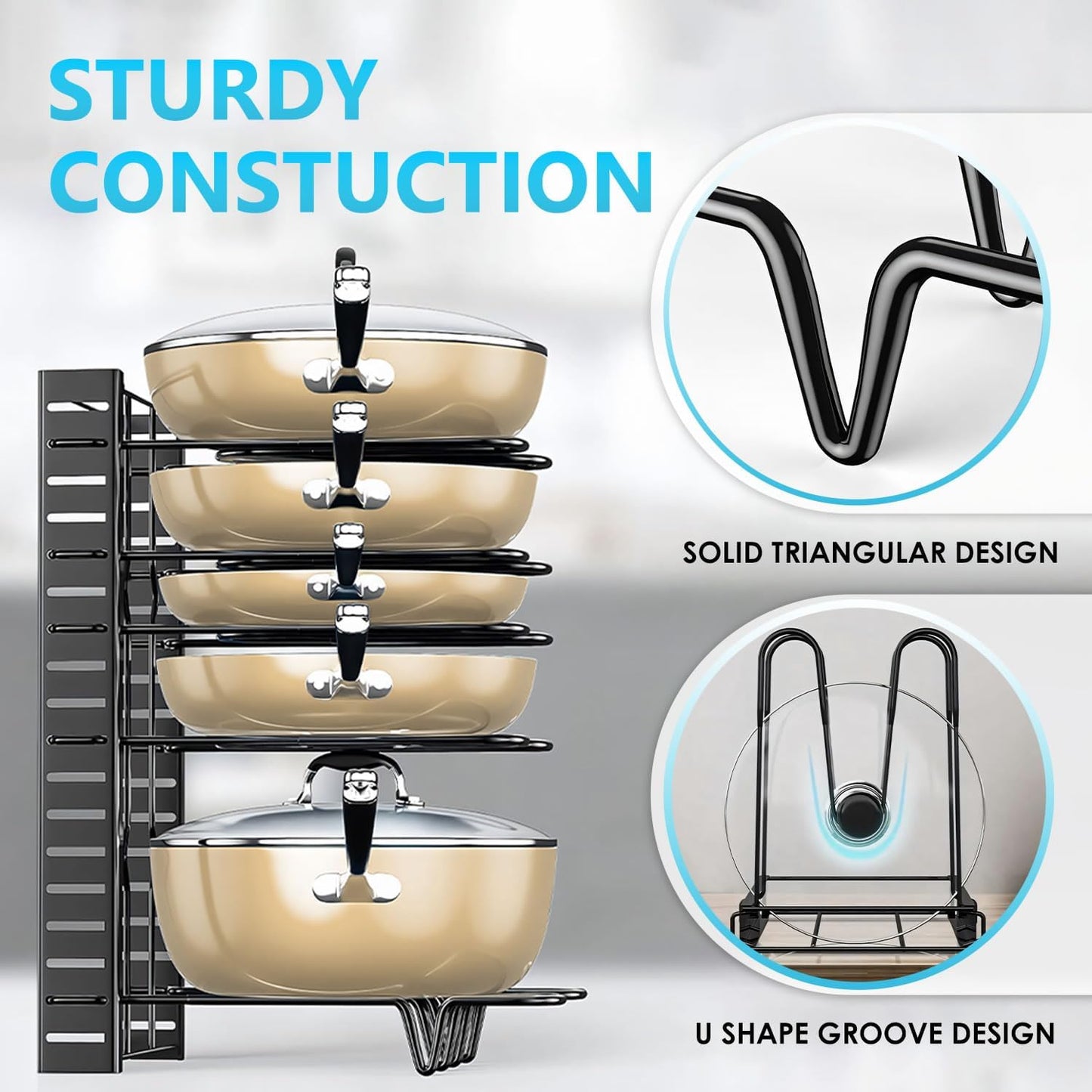 CARLA HOME Adjustable 8-Tier Pan Rack Pot Organizer for Kitchen Cabinet
