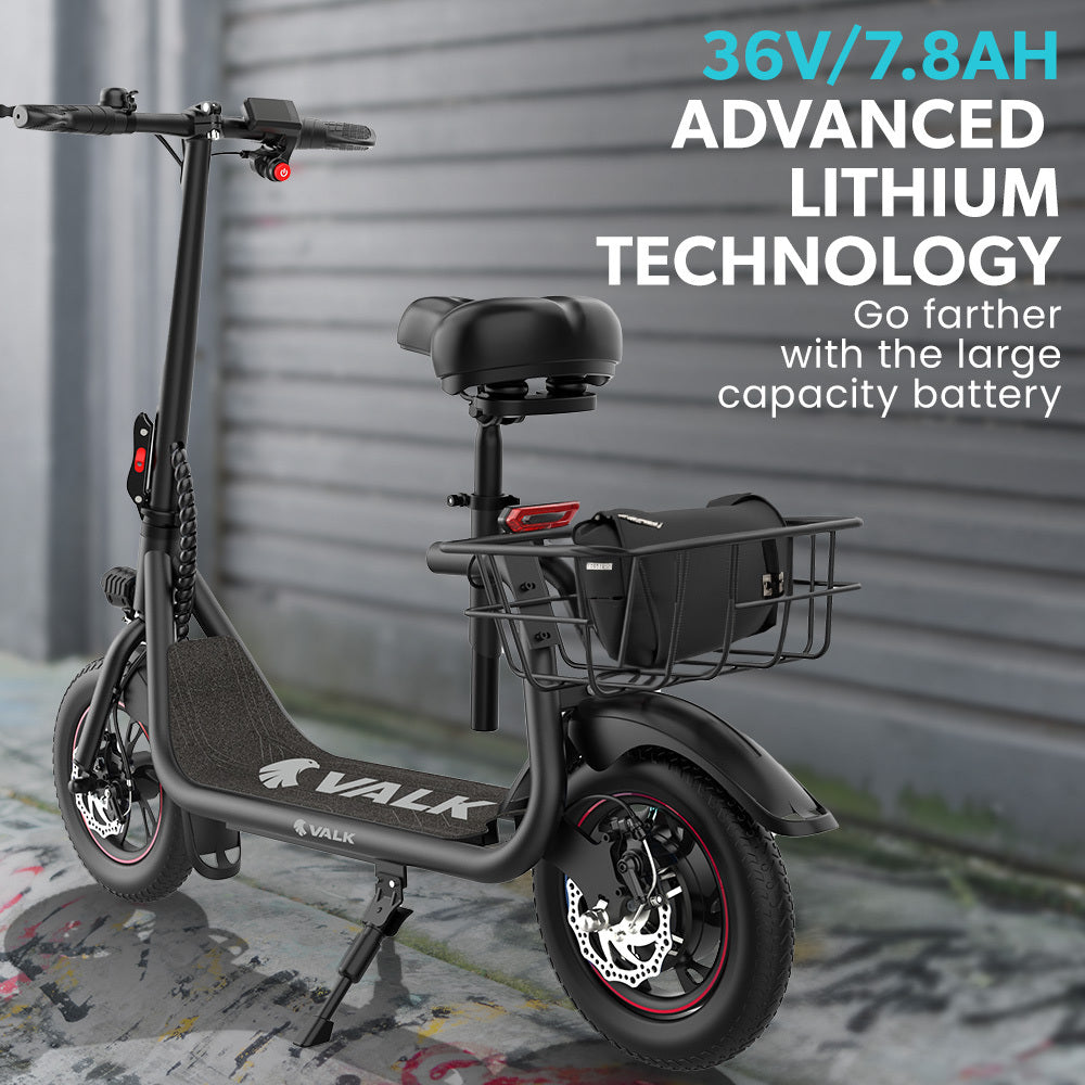 VALK Electric Scooter with Seat, Disc brakes, 12" Tyres, AU Compliant, for Adults, Teens, Commuter, Black
