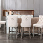 6X Velvet Bar Stools with Studs Trim Wooden Legs Tufted Dining Chairs Kitchen